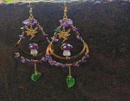 Dangle Chandelier Purple Mushroom Standing On Moon With Leaf Amythest Earrings Cottagecore Jewellery Witchy BohoDangle3302189