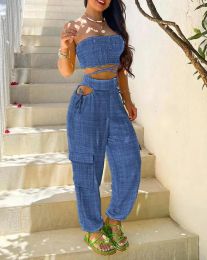 Suits Two Piece Sets Women Outifits 2023 Summer Fashion Denim Look Print Bandeau Sleeveless Shirred Tube Top & Pocket Cuffed Pants Set