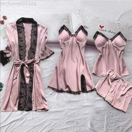 Womens Sleepwear Full Slip Lace Sexy White Silk Pyjamas Set Women 4pcs Chemise Bride Kimono Wedding Robe Nightgown Bathrobe LingerieBZ5X