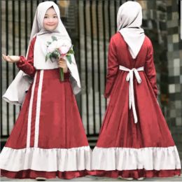 Sets New Kids Girls Muslim Islamic Abaya Children Prayer Red Robe Arab Worship Hijab Shawls Long Seeve Dress Modest Outfits