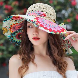 2023 New Womens Summer Bucket Folding Fashion Straw Hat Panamas UV Protection Sunshade Beach Hat Summer Hat 240307
