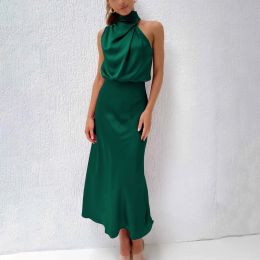 Dress Women Halter Satin Silk Dresses Summer Sexy Champagne Green Evening Party Elegant Maxi Dresses For Women Formal Occasion Dresses