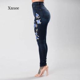 Jeans Rose Pattern Denim Leggings Stretch Embroidered Flower Jeans for Women Elastic Blue Pantalon Femme Jeans Female Pencil Pants