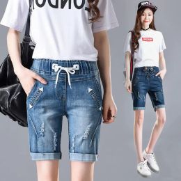 Jeans NEW Jeans For Women Summer Kenn Length Pants Elastic High Waist Loose Jeans Hole Crimping Denim Shorts