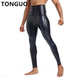 Men High Waist Fashion Fitness Slim Stretch Leather Pants Body Shaper Waist Trainer 3-Hook Compression Leather Pants with Pocket 240220