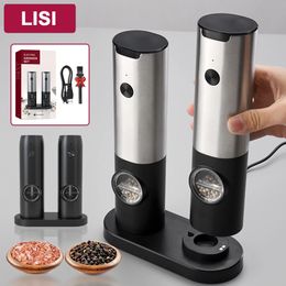 Electric Salt And Pepper Grinder Automatic USB Rechargeable Stainless Steel Adjustable Coarseness Spice Mill With LED Light 240304