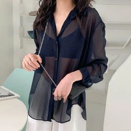 Women Sexy See-through Blouse Summer Mesh Transparent White T-Shirts Long Sleeve Casual Tops Y2k Korean Fashion Button Cardigan 240307