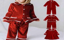 2022 Red Christmas Family Xmas Golden Velevt Baby Kids Match Pyjama Sets Girls Christmas Dress Pijama Winter Nightwear Costume J226530045