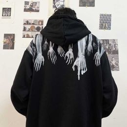 Men's Hoodies Sweatshirts Skeleton ghost hand hooded Plush thickened loose sweater mens autumn and winter fried Street lovers thin sweater mens spring and autumn