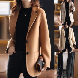 Blends 2023 Autumn Winter Woollen Coat Women Suit Jacket Solid Colour Singlebreasted Pocket Casual Blazers Female Khaki Camel Outerwear