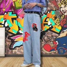 Jeans Anime Berserk Jeans Men Wide Leg Baggy Jean Guts Print Casual Pants Loose Full Length Trousers Hip Hop Streetwear Clothes Blue