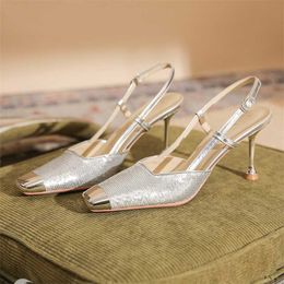 Sell Heeled Dress Shoes Womens Slim Heels Summer Stiletto Sandal Women Sequin Metal Square Toe Sandals Flip Flop Fenty Slides 240228