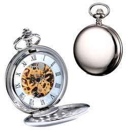 2020 nova chegada prata suave duplo caso caçador completo steampunk esqueleto dial relógio de bolso mecânico com corrente para presentes t335u