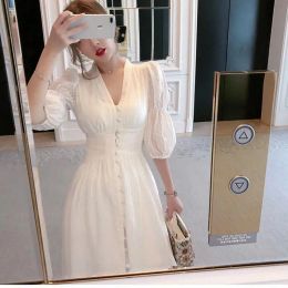 Dress Summer Dress Korean Style New Puff Sleeve Vneck Tight Waist Elegant Super Fairy White Lace A line Midi Dress