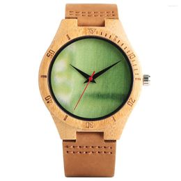Wristwatches Quartz Wooden Watch For Men Green Dial Without Numeral Watches Boyfriend Leather Band With Pin Buckle Wristwatch