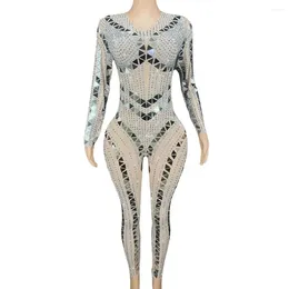 Stage Wear Sexy Mesh See Through Celebrate Prom Birthday Dress Singer Dancer Show Sparkly Rhinestones Mirrors Jumpsuit