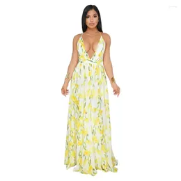 Ethnic Clothing Floarl Print Maxi Dress Women Beach High Waist V-Neck Open Back Sleeveless Boho Summer Dresses For 2024 Casual Halter Robe