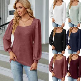 Women's Sweaters Autumn And Winter U-neck Splicing Bubble Sleeve Long Loose T-shirt Top
