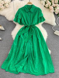 Dress Women Summer Dress Temperament Vintage Style Lapel Flare Sleeve Single Breasted Waist Hook Flower Cutout Aline Dress D3120