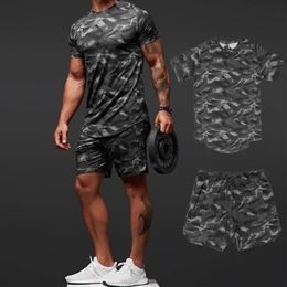 Summer Two Piece Set Mens Camouflage Short Sleeve Suit Fitness Trend Casual Breathable Sportswear Male TshirtShorts 3XL 240228