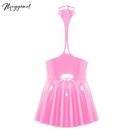 Dress Womens Lingerie Breast Exposing Skirt Mini Dress Wet Look Patent Leather Backless Open Chest Halter Aline Latex Dress Clubwear