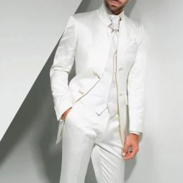 Suits Vintage White Long Tunic Men Suits for Groom Wedding Tuxedo with Stand Collar 3 Piece Male Fashion Costume Set Jacket Vest Pants