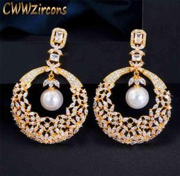 CWWZircons Luxury Hollow Flower Dangling Pearl Dubai 18K Gold Plated Cubic Zirconia Long Wedding Earrings for Brides Party CZ630 29487590