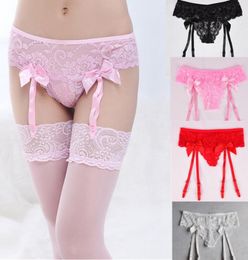 Women Nonremoveable Classic Lace and Mesh Garter Belt with Satin Bows Sexy Lingerie Sheer Accessories Red White Black Pink S4787904