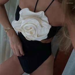 Women's Swimwear Black One Piece Swimsuit Women 2024 3D Big-flower Sexy Bandeau Suspender Backless Bikini Summer Beach Bathing Suit