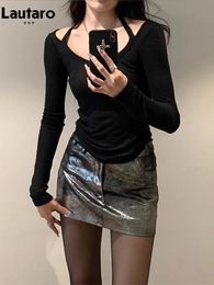 Lautaro Summer Autumn Silver Reflective Shiny Patent Pu Leather Mini Skirt Women High Waist Sexy Y2K Clothes 2000s Streetwear 240222