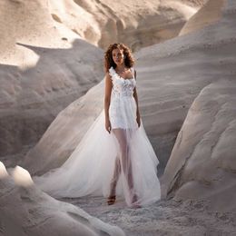 Strand-Etuikleider 2024, quadratischer Ausschnitt, Spitze, kurzes Brautkleid mit Überrock, rückenfreies, böhmisches Mini-Hochzeitskleid 326 326