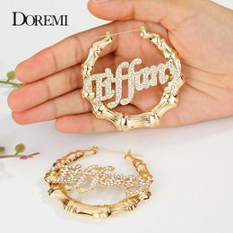 DOREMI Bling Name Bamboo Earrings Custom Trapezoid Hoop Bamboo Names Earrings Letter Big Personalised Name Earrings Women Gift 240228