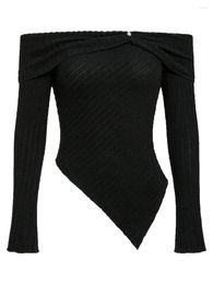 Women's Sweaters Women Sexy Off Shoulder Tops Long Sleeve Irregular Hem Slim T-shirt Vintage Ribbed Knit Crop Tee Y2K Sweater Streetwear