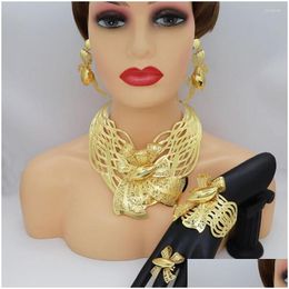 Earrings & Necklace Necklace Earrings Set Nigerian Women Wedding Jewellery Gold Plating Brazilian Style Bow-Knot Ring Bracelet Festive Dhsjk