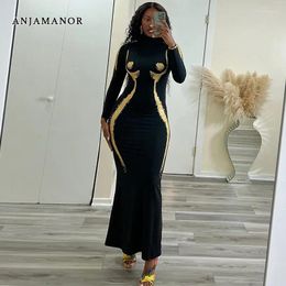 Casual Dresses ANJAMANOR 3d Body Printed Long Sleeve Black Dress Women Sexy Bodycon Maxi Party Night Clubwear Spring 2024 D17-CC21