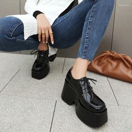 Dress Shoes 2024 Lace Up Spring Women's Pumps Black Loafers Chunky 9.5CM Heeled High Platform British Autumn Ladies Thick Bottoms