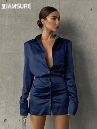 Dress Iamsure Solid Satin Shirt Dress Elegant Fashion Office Ladies Turndown Collar Long Sleeve Mini Dresses for Women 2021 Autumn