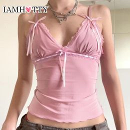 Camis IAMHOTTY Y2K Ribbons Bow Lace Patchwork Crop Top Pink Coquette Aesthetic Slimfit Vneck Camis Ruched Kawaii Lolita Corset Women
