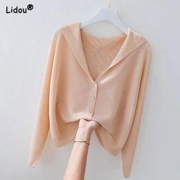 Cardigans Office Lady Ice Silk Single Breasted Threaded Thin Cardigan VNeck Batwing Sleeve Summer Women's Clothing Solid Button Hooded