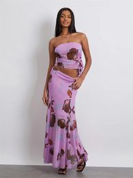 Women 2 Piece Skirt Sets Floral Print Drawstring Tube Tops Pleated Long Skirts Sets Bohemian Fairy Casual Sexy Summer Clothes 240304