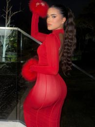 Dress Fur Feathers Long Sleeve Maxi Dress Elegant Outfits for Women Sexy Backless Red Gown Dresses Robe Party Clothes