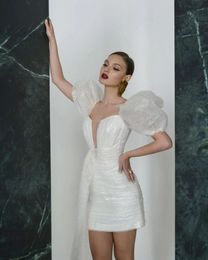 Summer Woman Fashion Wedding Dress Womens Sexy Sequin Wrapped Hip Bubble Sleeve Short Evening Party Dress 240307