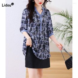 Women's Blouses Summer Clothing Elegant Casual Printed Half Sleeve Blouse Fashion Thin Loose Button Patchwork V-Neck Shirt For Female
