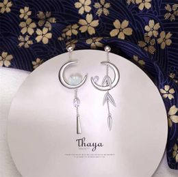 Thaya 925 Sterling Silver Earring Dangle Crescent Bamboo leaves Japanese Style For Women Fine Jewellery 2201084768364