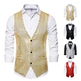 Men's Vests Sinle-breasted Waistcoat Sequin V Neck Vest Bow Tie Set For Retro Disco Groom Wedding Party Single-breasted Sleeveless