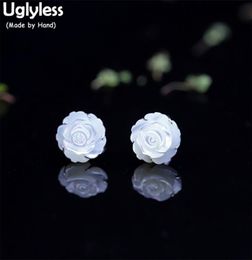 Uglyless Natural Shell Handmade Carved Flower Rose Earrings for Women 12MM Floral Stud Real 925 Silver Brincos E1424 2106165943164