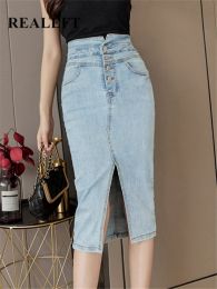 Pullovers Realeft 2022 New Spring Summer Vintage Women's Denim Wrap Skirt High Wasit Buttons Jeans Skirts Female Pencil Front Split Skirts
