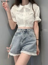 Shorts Sweet Denim Shorts Summer Women Casual Lace Bow Bandage Short Pants Streetwear Chic Shorts Girly High Waist Loose Wide Leg Pants