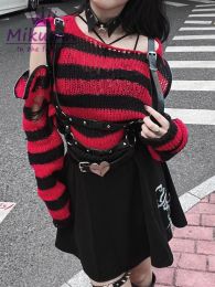 Pullovers Harajuku Y2k Punk Rock Zipper Sexy Off Shoulder Sweaters Women Gothic Black Grey Red Stripes Broken Hole Loose Knitted Jumpers