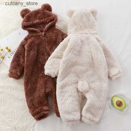 Jumpsuits Winter Warm Baby Romper Coral Fleece Cartoon Bear Hooded Boys Girls Newborn Infant Jumpsuit Clothes Soft Pyjama Overalls L240307